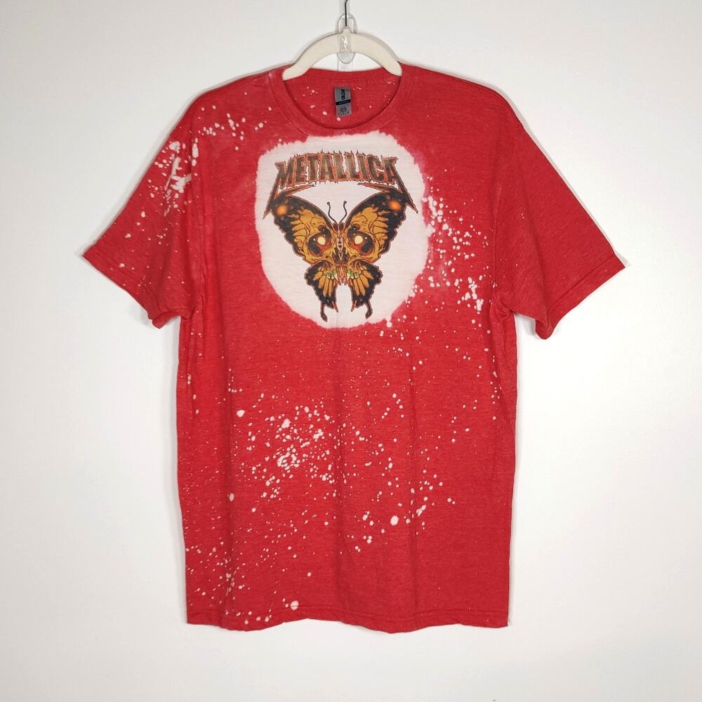 Metallica Graphic T Shirt Bleach Distressed Floral Red L Gildan Softstyle